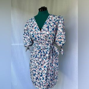 Zara Blue Pink and White Floral Wraparound Dress with Ruched Sleeves